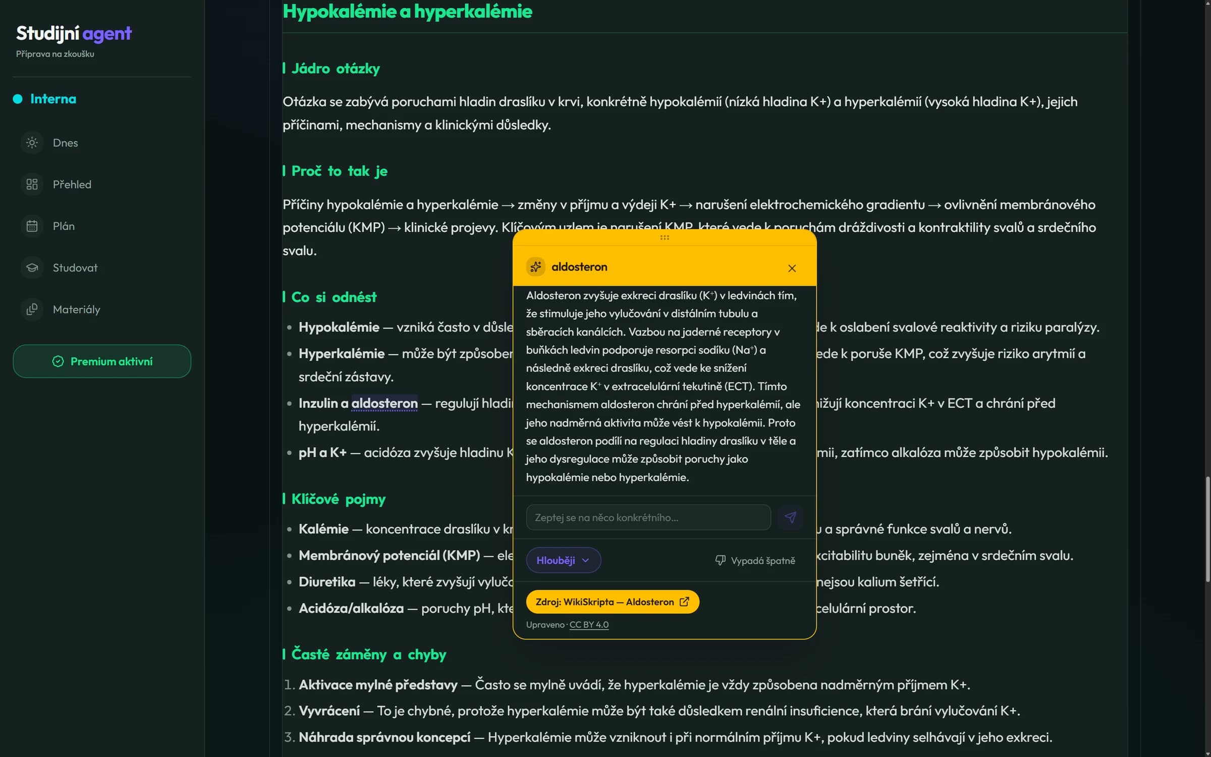 Studijní agent otevřený na otázce Hypokalémie a hyperkalémie; nad textem plovoucí panel Lupy se žlutou lištou WikiSkript, vysvětlením pojmu aldosteron a odkazem Zdroj: WikiSkripta — Aldosteron
